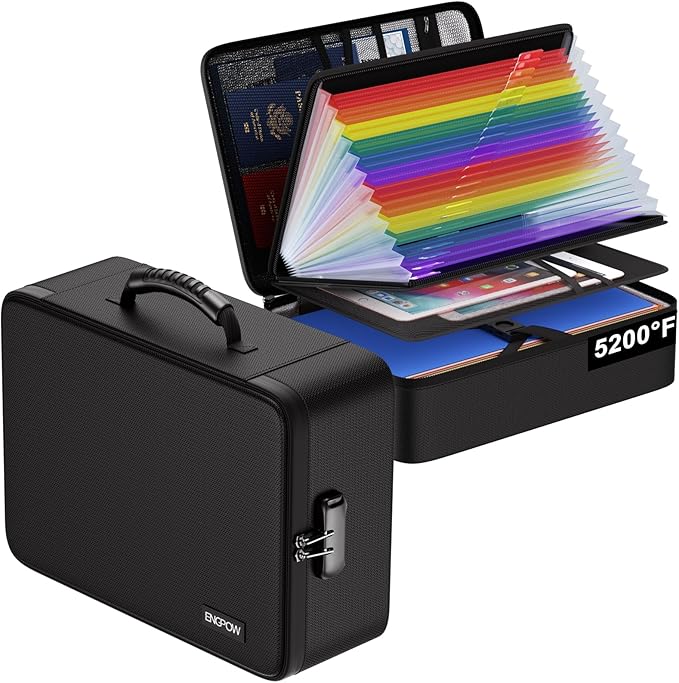 ENGPOW Fireproof Document Box with Lock, 5200℉ Soft Case Fireproof Box with 25 Colorful Pocket Accordion File Folder, Fireproof Water Resistant Safe File Organizer Storage for Important Documents