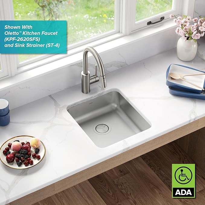 KRAUS Dex 17-inch Undermount 16 Gauge Stainless Steel Single Bowl ADA Kitchen Sink, KA1AS17B