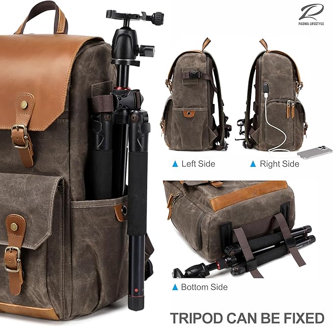 Padwa Lifestyle Coffee Camera Backpack - Waxed Memory Weather Resistant Canvas Camera Backpacks for Photographers,Multi DSLR SLR Camera Bag with 16” Laptop & Lens Compartment and Tripod Holder