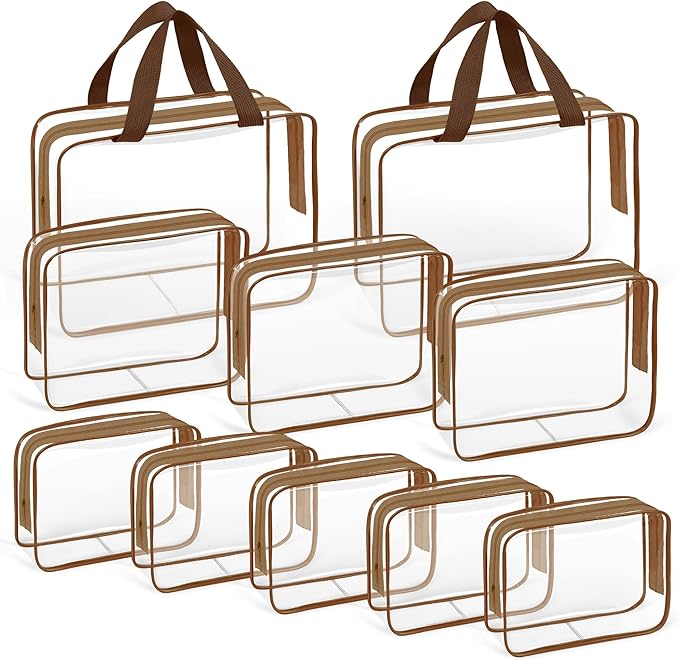 TISRATOK 10 PCS Clear Travel Makeup Toiletry Bag, Plastic PVC Cosmetic TSA Approved Organizer Kit with Zipper Handbag（Coffee）