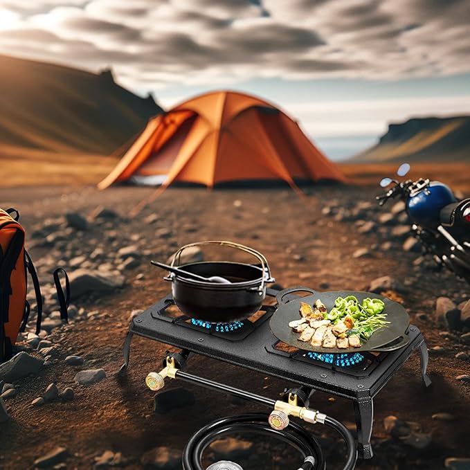 Vivicreate Cast Iron Propane Gas Stove Double Burner Heavy Duty Portable Removable Outdoor Cooker 200LB Support High Heat for Camping BBQ Fogon de Gas Estufa de Gas Portatil Parrillas de Gas
