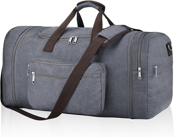 Felipe Varela 60L Duffle Bag for Men, Large Expandable Canvas Duffel Bag for Travel, Mens Carry On Luggage Bag Traveling Weekender Gym Overnight Bags for Airplanes, Grey