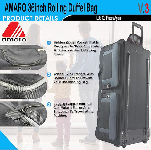 36" Rolling Duffle Bag with Wheels and Handle - Multiple Compartments/Compression Straps With Buckles