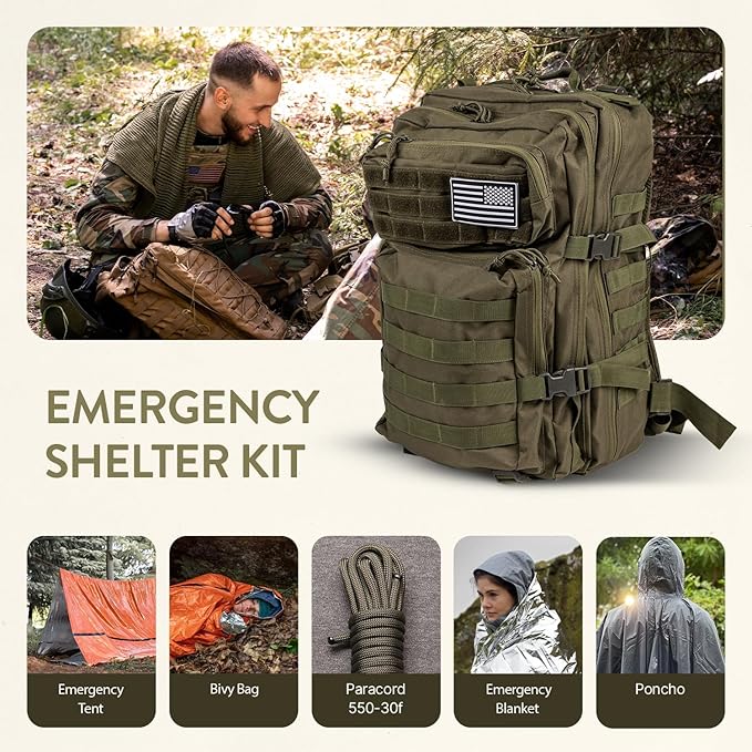 72-Hour Survival Kit | Emergency Bug Out Bag with First Aid, Water Filter, Food, Tools | 45L Tactical Backpack for Camping, Hiking, Outdoor Emergency Preparedness