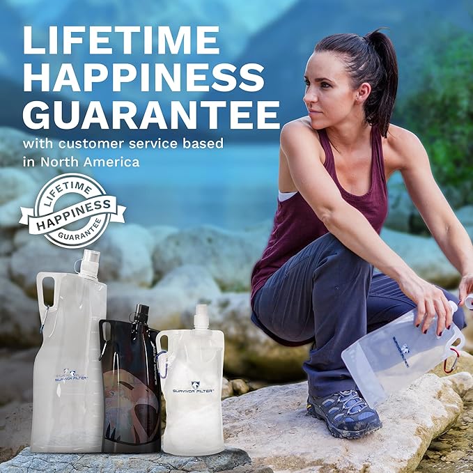 Survivor Filter Collapsible Water Bottles, Canteens (32oz) 2 Pack (2L Total) - Durable Carabiners and Handles. Squeeze Water through a Filter or Use as Water Bottles