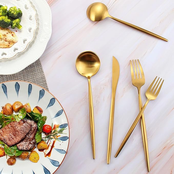 Matte Gold Silverware Set, IBIILII JEFF 40 Pieces Stainless Steel Flatware Set，Kitchen Utensil Set, Tableware Cutlery Set, Knife Spoons And Forks Set, Satin Finished Polished & Dishwasher Safe