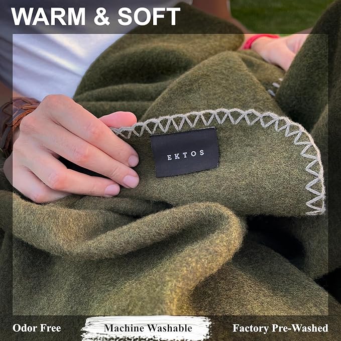 EKTOS 100% Virgin Wool Blanket, 90" x 108", Best Camp Bedding, Extra Large, Washable (Olive Green, King Size)