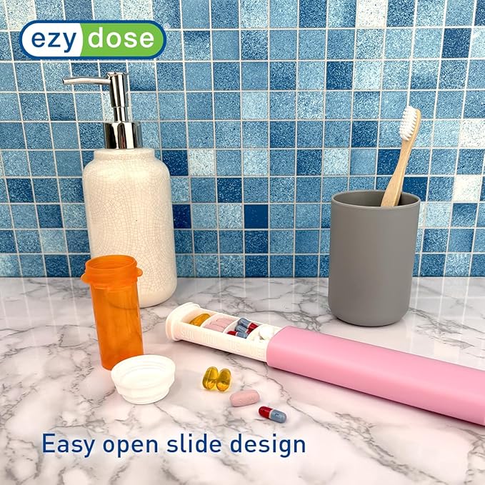 EZY DOSE Slide Pill Organizer, Medication Storage Case with Durable BPA-Free Plastic with Plastic Exterior, Large 7-Day Weekly Compartments, Tablets, Vitamins, Compact, 6.5-Inch, Pink