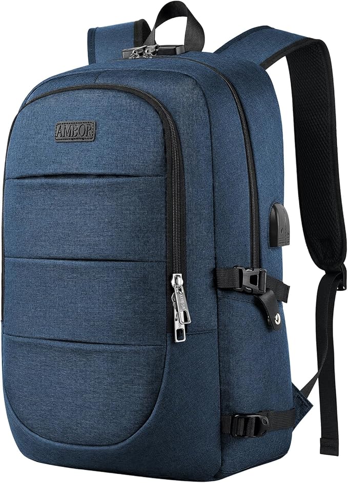 AMBOR 15.6-17.3 Inch Laptop Backpack, Anti Theft Business Travel Backpack with USB Charging Port and Headphone Interface, Water Resistant Computer Bag for Men & Women, Blue
