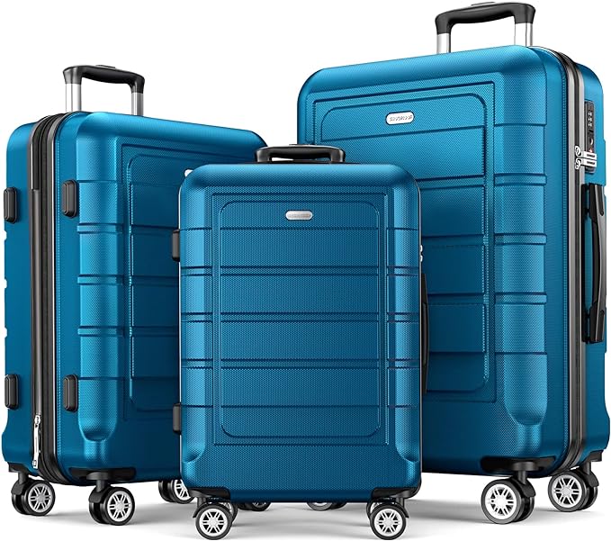 SHOWKOO Luggage Sets Expandable PC+ABS Durable Suitcase Sets Double Wheels TSA Lock Sea Blue 3PCS