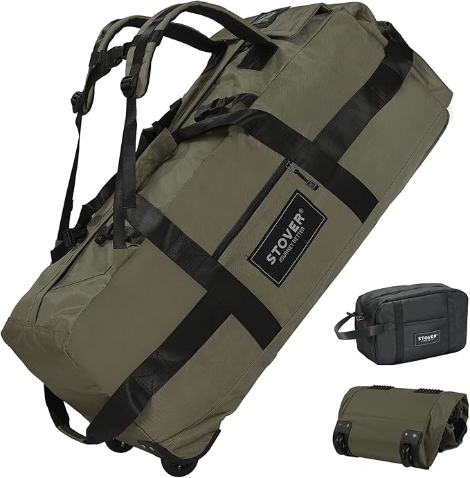 STOVER 80L Rolling Duffel Bag with Wheels, Large 31 Inch Durable Travel Duffle + Toiletry Bag, Heavy Duty, Packable, Foldable w/Shoulder Straps- Use as Luggage or Backpack, Men/Women (Green)