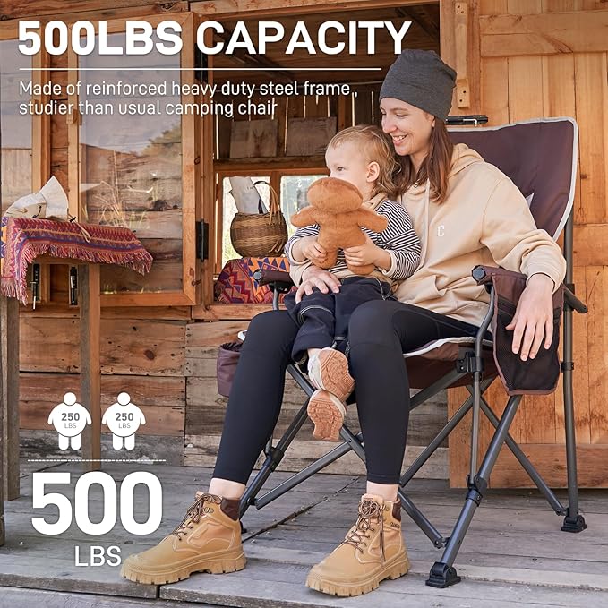 EVER ADVANCED Oversized Folding Camping Chair, for Adults Heavy Duty Lawn Chair with Side Pockets, Portable Collapsible Quad Chair for Outside, Support Up to 500lbs, Red 2Pack