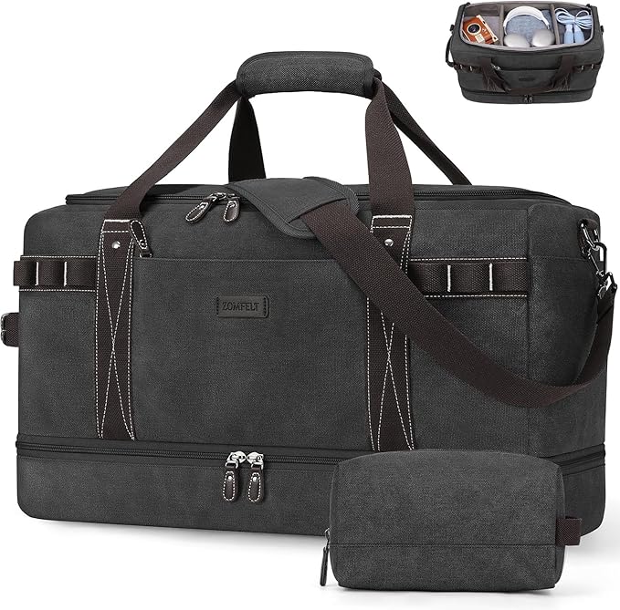 ZOMFELT Travel Duffle Bag for Men, Waterproof Canvas Overnight Duffel Bag with Removable Dividers & Shoe Compartment, Carry On Weekender Gym bag, Multi-Pocket & Vintage Design (Washed Black)
