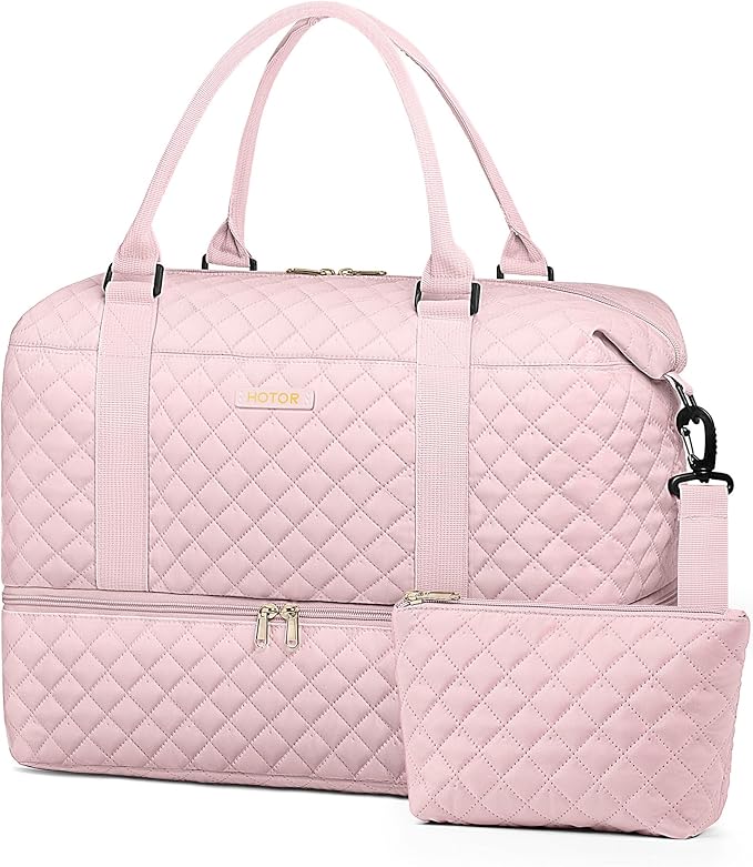 HOTOR Travel Duffel Bag - Weekender Bags for Women, Carry On Overnight Bag with Shoe Compartment, with Toiletry Bag for Travel Essentials and Travel Accessories, Pink, 13.4"×17.3"×7.9"