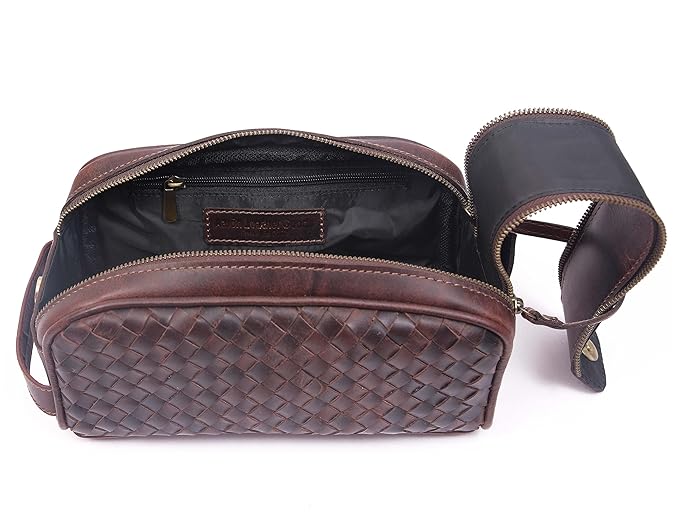 10" Premium Leather Toiletry Travel Pouch With Waterproof Lining | King-Size Handcrafted Vintage Dopp - Kit ~ Gift for Father's Day By Aaron Leather Goods (Wheat Brown)