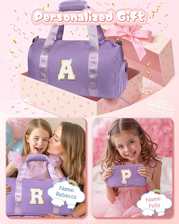 Girls Gifts 9-10 Year Old-Girl Gym Bag with Shoe Compartment, Kid Personalized Weekender Overnight Bags, Initial Travel Tote with Makeup Pouch, Kids Easter Gift (Letter V)