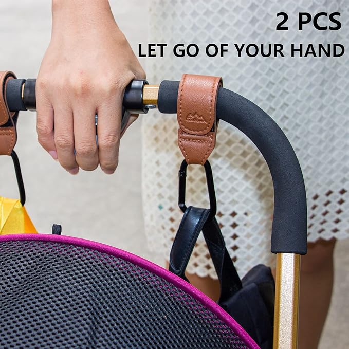 Baby Stroller Hooks Bag Hooks for Hanging Diaper Bags Multipurpose Hooks for Grocery Shopping Bags Premium Vegan Leather Pram Straps 2 Pcs (Brown)