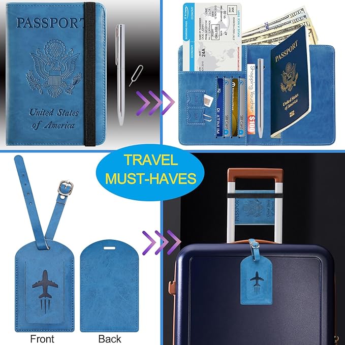 Passport Holder With Luggage Tag Travel Essentials Passport Cover Wallet RFID Blocking Leather Case International Must Haves Travel Accessories Women Men(115#Blue)