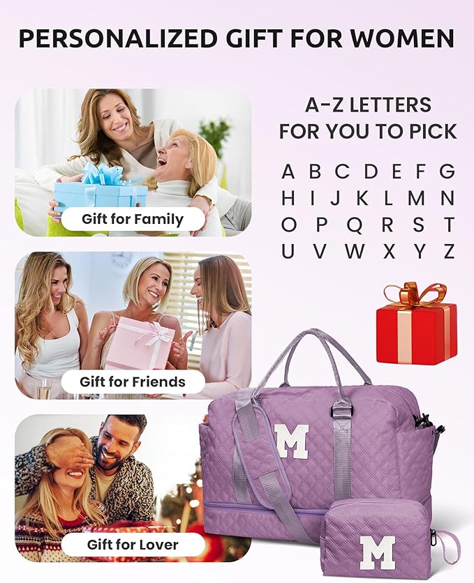 Birthday Gifts for Women-Duffle Bag with Shoe Compartment, Personalized Weekender Bag, Monogram Overnight Bag, Letter Travel Bag with Makeup Bag，Preppy Gifts For Girl (Letter V)