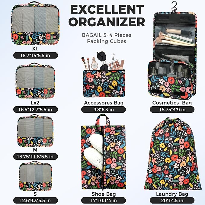 BAGAIL 9 Set Packing Cubes Luggage Packing Organizers for Travel Accessories