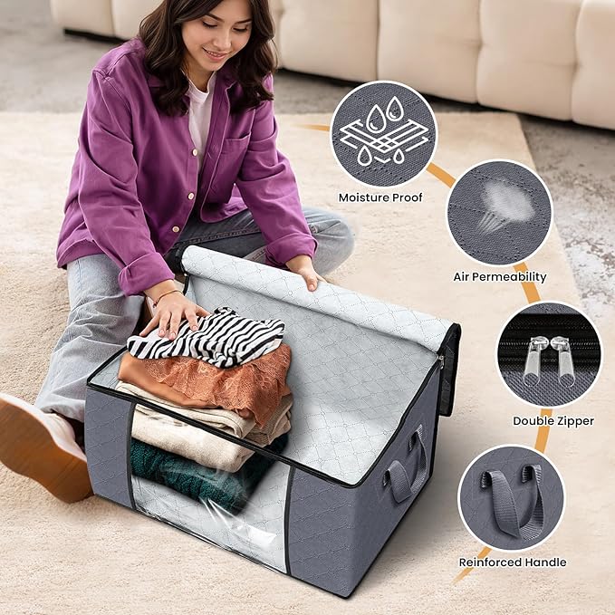 Fab totes 8 Pack Clothes Storage, Foldable Thick Fabric Blanket Storage Bags, Containers for Organizing Bedroom, Closet, Clothing, Comforter,Closet Organization with Handle,Grey