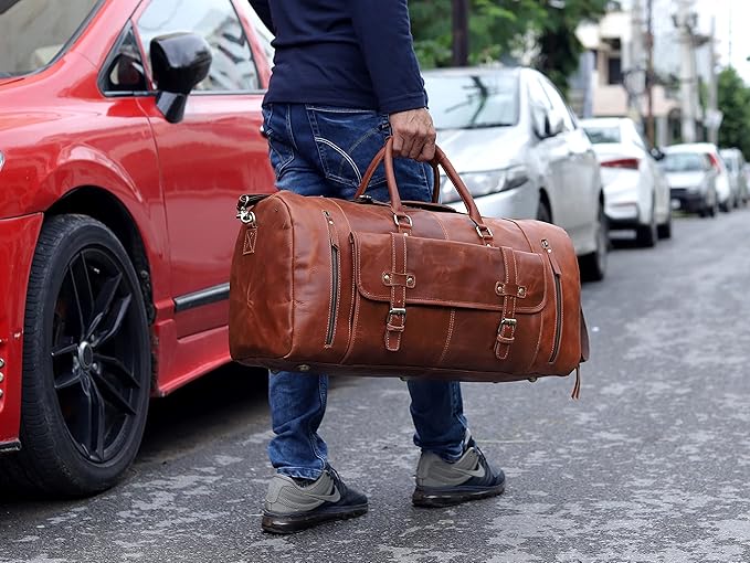 24 Inch Leather Duffle Bags for Men Large Full-Grain Buffalo Leather Overnight Gym Bag, Luggage Weekend Travel Bag for Men & Women, Carry On Airplane Cabin Bag with Shoe Compartment