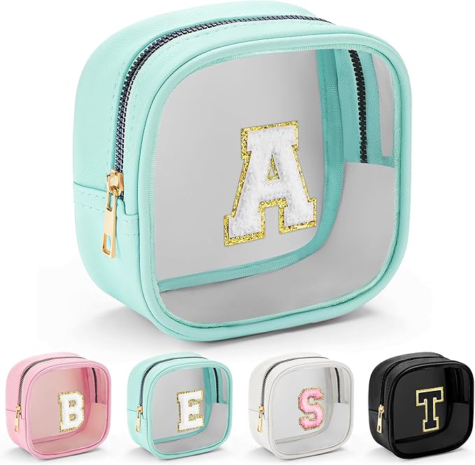 YOOLIFE Initial Make Up Bag Travel Toiletry Bag, Clear Makeup Bag Preppy Cosmetic Bags Organizer Travel Essentials Gifts for Women Teen Girlfriend Teacher Mom Birthday Gifts Small Makeup Bag Blue A