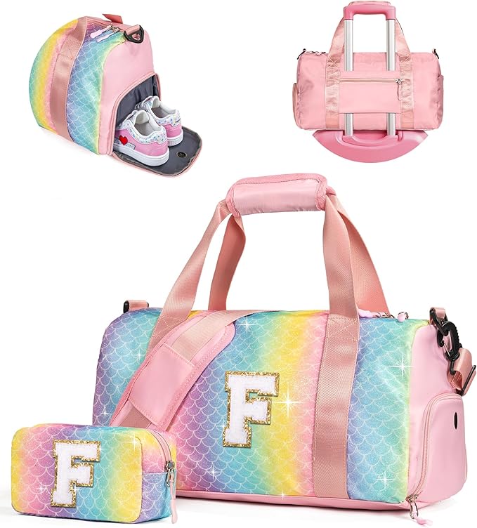 Dorm Room Essentials for Girls-Girl Gym Bag with Shoe Compartment, Kid Personalized Weekender Overnight Bags, Initial Travel Tote with Makeup Pouch, Preppy Stuff Gifts for Kids (Letter F)
