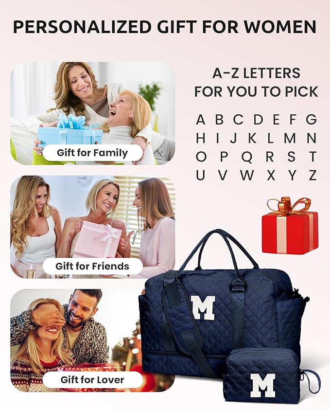 Personalized Gifts-Initial Duffle Bag with Shoe Compartment, Personalized Weekender Bag, Monogram Overnight Bag, Letter Travel Bag with Makeup Bag，Birthday Gift for Grandma (Letter O)