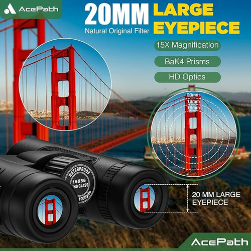 15x56 Binoculars for Adults High Powered - Large View Waterproof Binoculars with Clear Low Light Vision - Compact Binocular Essentials for Hunting Camping Cruise Travel Bird Watching Sports