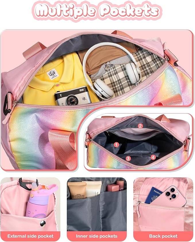 Girly Girl Stuff-Girl Gym Bag with Shoe Compartment, Kid Personalized Weekender Overnight Bags, Initial Travel Tote with Makeup Pouch, Gift Ideas for Niece Sister (Letter W)