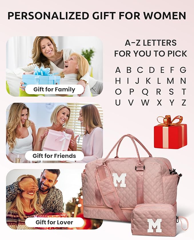 Birthday Gifts for Women-Initial Duffle Bag with Shoe Compartment, Personalized Weekender Bag, Monogram Overnight Bag, Letter Travel Bag with Makeup Bag，Preppy Gifts for Girl (Letter V)