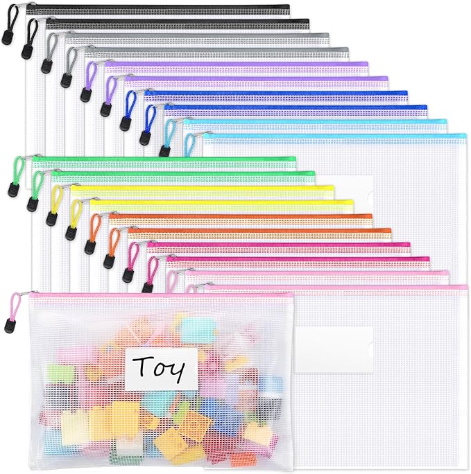 Sooez 20 Pack Mesh Zipper Pouch Bags, A4 Letter Size, Zipper Bags with Label Pocket, Waterproof Pouches for Classroom Organization, Board Game Storage, Document Bag for Teacher School Office Supplies