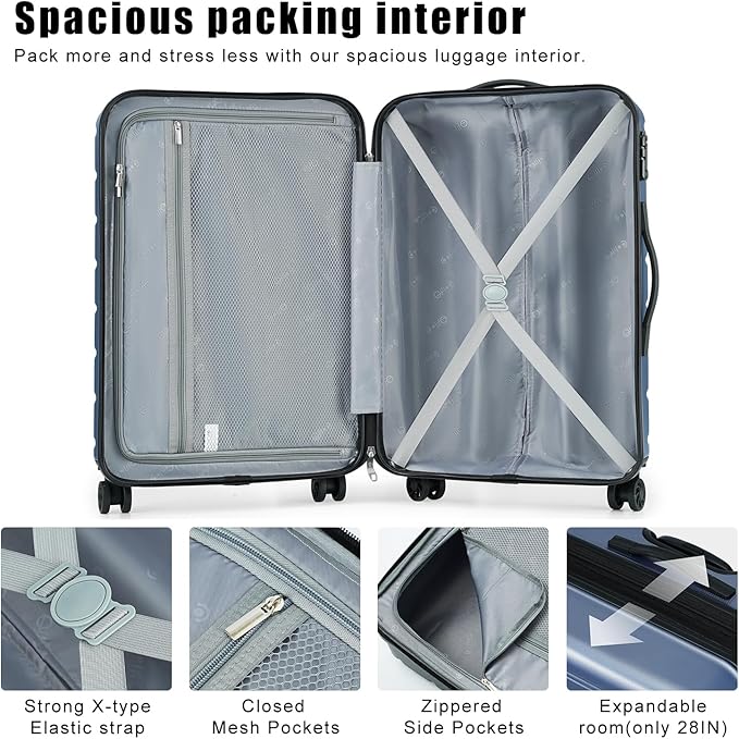 Coolife Luggage Suitcase Carry-on Spinner TSA Lock USB Port Expandable (only 28’’) Lightweight Hardside Luggage (Silver, 3 piece set)
