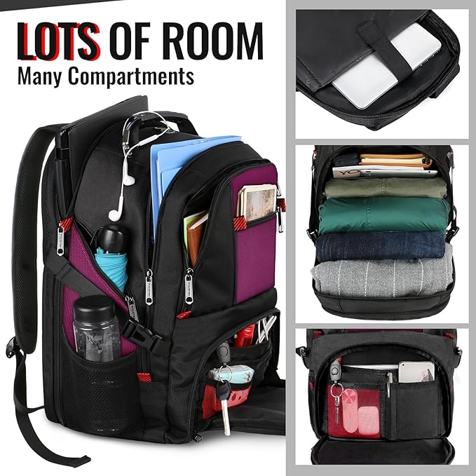 YOREPEK Travel Backpack, Extra Large 50L Laptop Backpacks for Men Women, Water Resistant College Backpack Airline Approved Business Work Bag with USB Charging Port Fits 17 Inch Computer, Purple