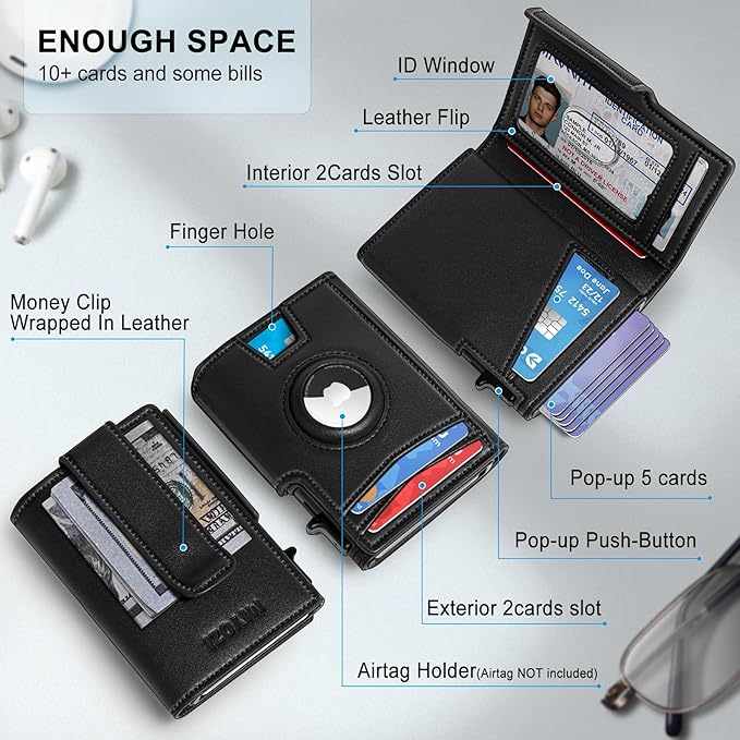 Airtag Wallet for Men,with Money Clip 10 Cards Metal Case Smart Slim Pop Up Credit Card Holder Flip with Magnetic Closure RFID Blocking wallet with Gift Box