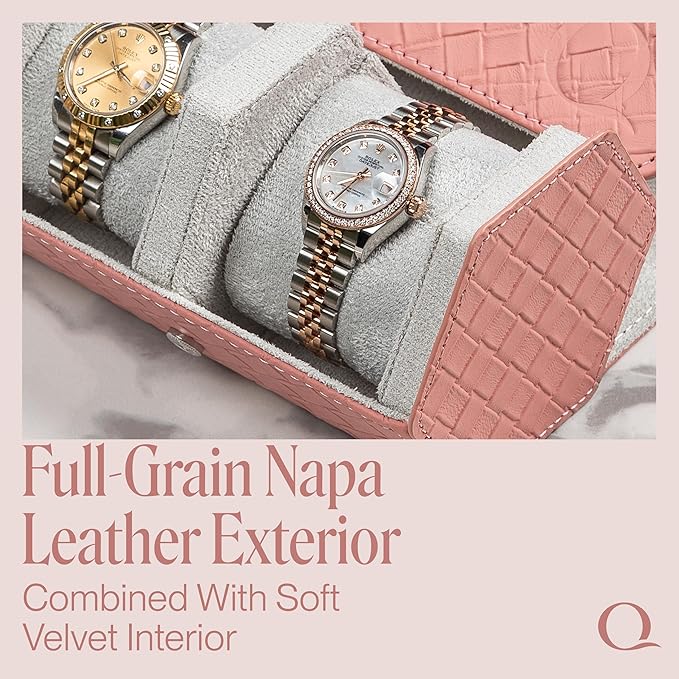 Ladies Leather Watch Rolls for Women - Hexagon Triple Watch Roll Travel Case for 3 Watches - Storage Organizer Genuine Leather with Velvet Interior Display (Woven Pink/Gray)
