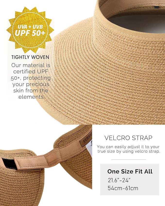 FURTALK Sun Hats for Women Wide Brim Beach Hat Straw Visor Ponytail Summer UV Packable Foldable Beach Vacation Essentials