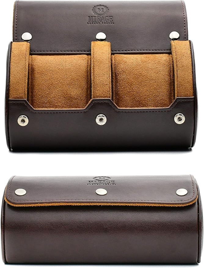 2 Watch Travel Case for Men Vegan Leather Watch Roll Case Organizer and Display - Elegant Gift - Espresso Brown Vegan Leather