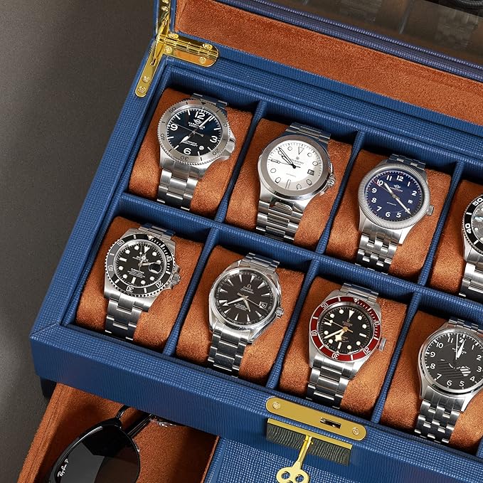 ROTHWELL 10-Slot Watch Box in Leather with Valet Drawer, Luxury Watch Case Display Organizer with Ultra Soft Microsuede Liner, Jewelry and Sunglass Holder With Large Glass top (Blue/Tan)