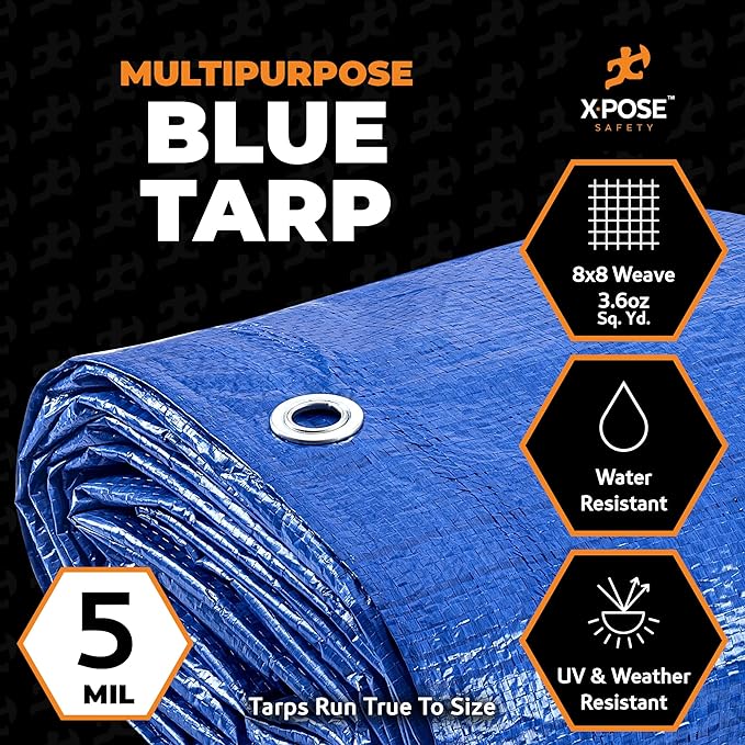 Better Blue Poly Tarp 30' x 50' - (Cut Size) Multipurpose Protective Cover - Lightweight, Durable, Waterproof, Weather Proof - 5 Mil Thick Polyethylene - by Xpose Safety
