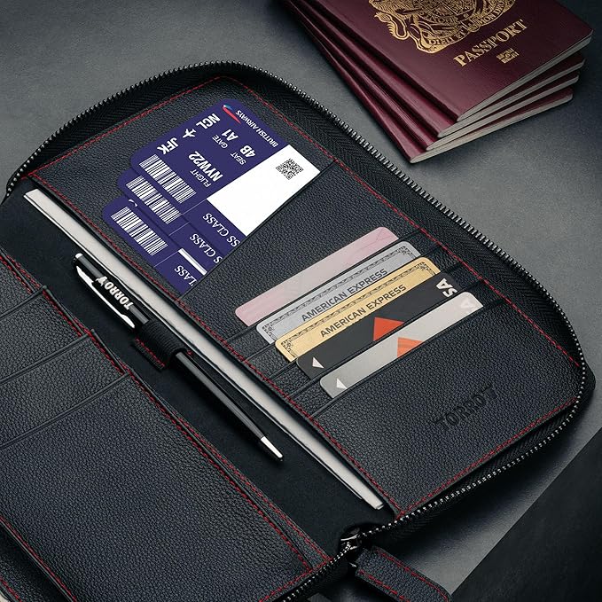 TORRO Premium Leather Family Travel Wallet, RFID Blocking Travel Organizer, Family Passport Holder for 4 Passports, Travel Documents and Cards (Black)