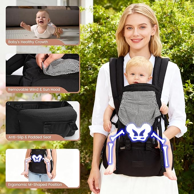 Baby Carrier Newborn to Toddler, 6-in-1 Baby Carrier with Hip Seat Lumbar Support 7-45lbs, Baby Soft Carrier for All Seasons & Positions, Adjustable Size for Shopping Hiking Travelling Black