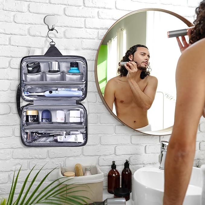 Toiletry Bag for Men, YKK Zippers Hanging Bathroom Shower Hygiene Bag with Metal XXL Swivel Hook, Big Comparment, Waterproof for Travel Accessories
