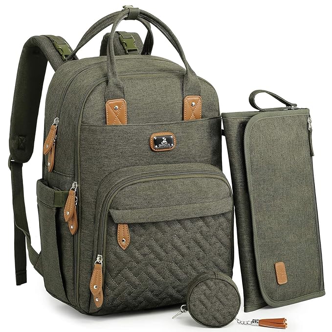 Dikaslon Diaper Bag Backpack with Portable Changing Pad, Pacifier Case and Stroller Straps, Large Unisex Baby Bags for Boys Girls, Multipurpose Travel Back Pack for Moms Dads, Army Green