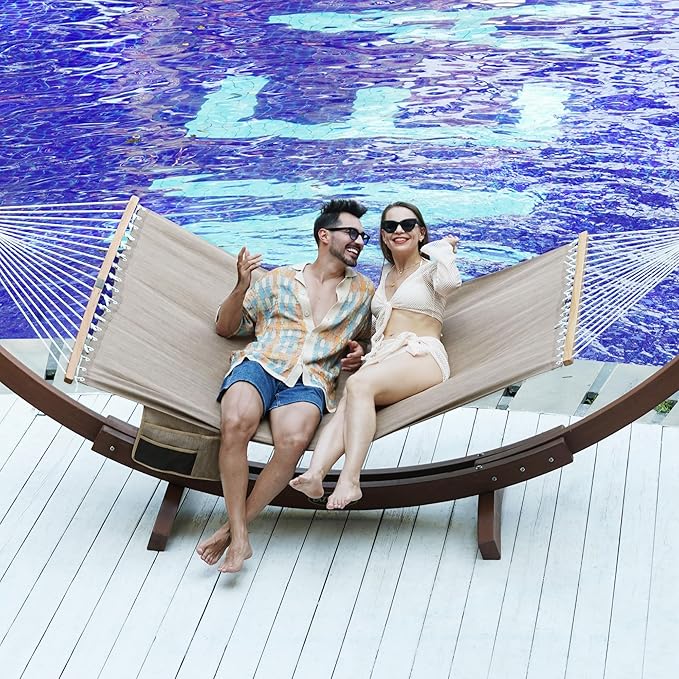 Lazy Daze Hammocks 11 FT Double Outside Hammock Quick Dry Olefin Fabric Hammock with Spreader Bar & Side Pocket for Outdoor Poolside Backyard 450 lbs Capacity, Khaki
