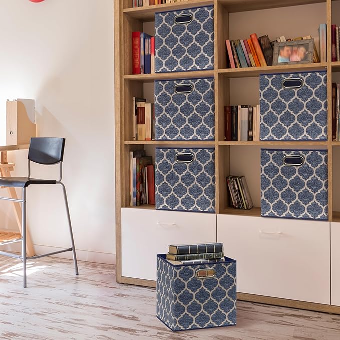 SIMPLE HOUSEWARE 11-Inch Collapsible Fabric Cube Storage Bin with Handles, Printed Design, 6 Pack, Steel Blue