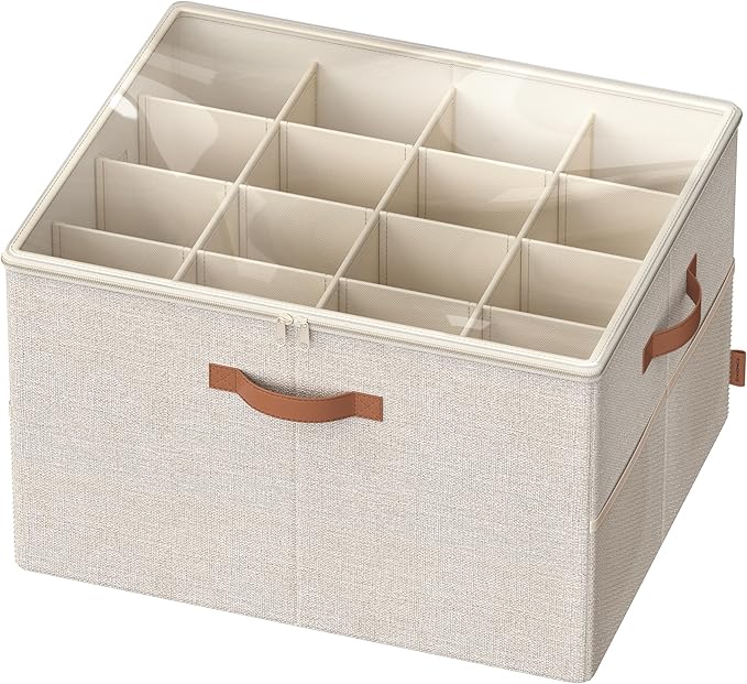 SONGMICS Shoe Organizer for Closet, Shoe Storage Bin, Fits 16 Pairs, Fabric Container with Handles and Clear Cover, Adjustable Dividers, Customizable, Cappuccino Beige ULSP555K01