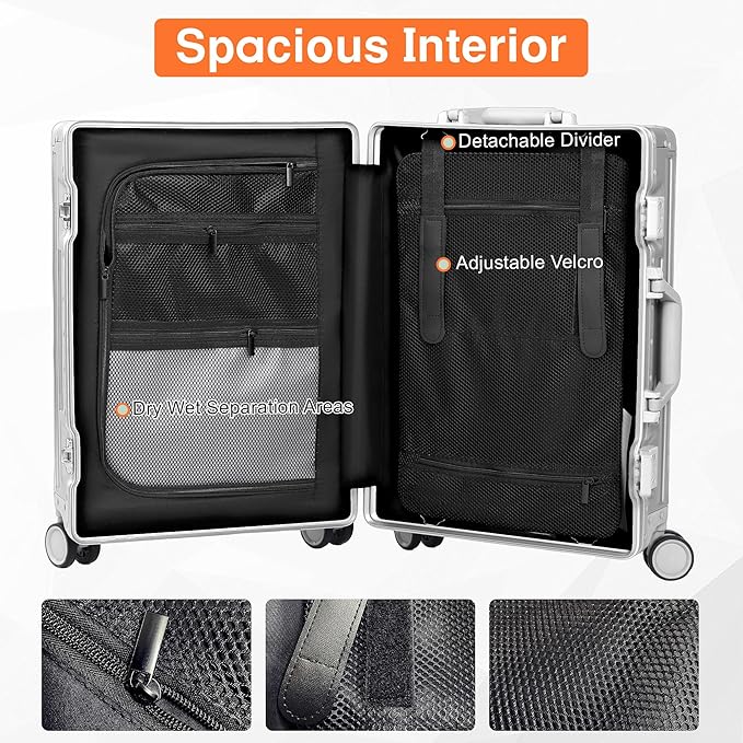 All Aluminum Carry On Luggage 22x14x9 Airline Approved，Hard Shell Carry On Luggage, Zipperless Luggage Aluminum Suitcase Luggage (sliver, 20inch)
