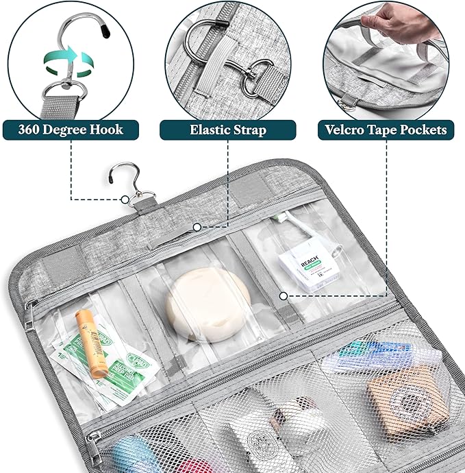 PAVILIA Hanging Toiletry Bag Women Men, Travel Kit Foldable Large Toiletries Organizer, Roll up Cosmetics Makeup Bag Accessories, Waterproof Essentials Jewelry Case (Heather Grey)